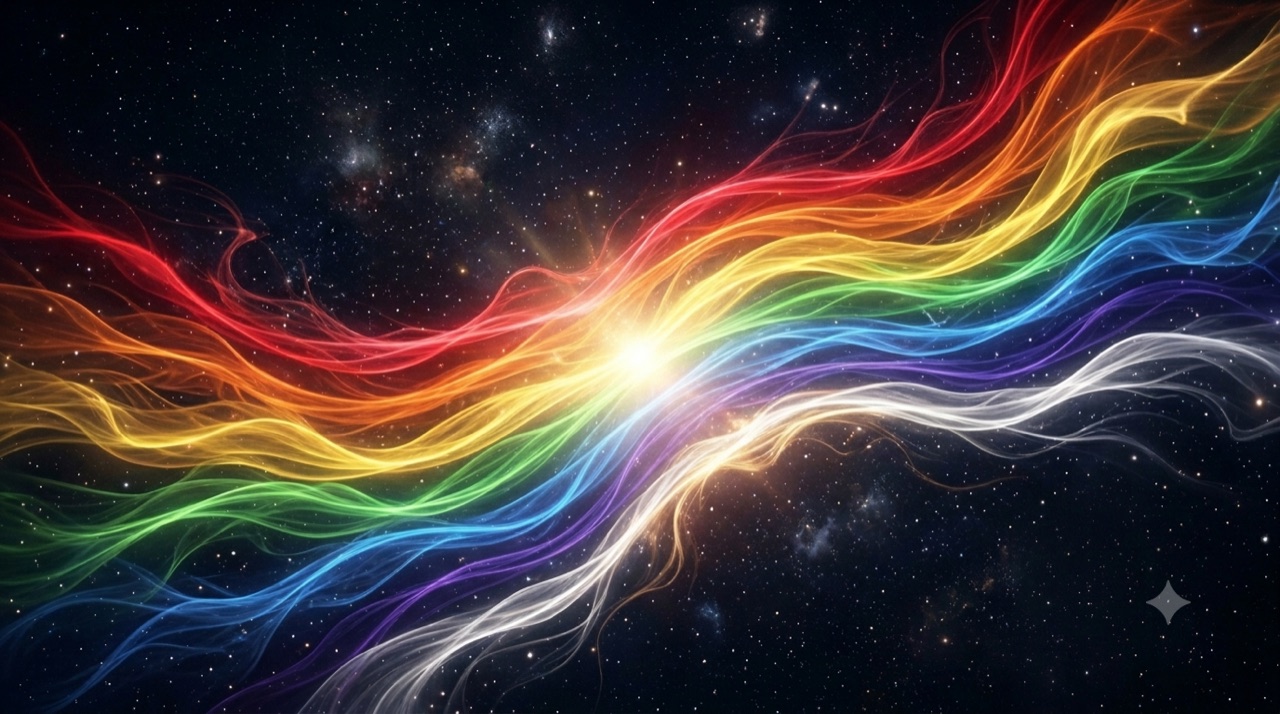 the seven aura colors as a flowing spectrum of light — red, orange, yellow, green, blue, purple and white