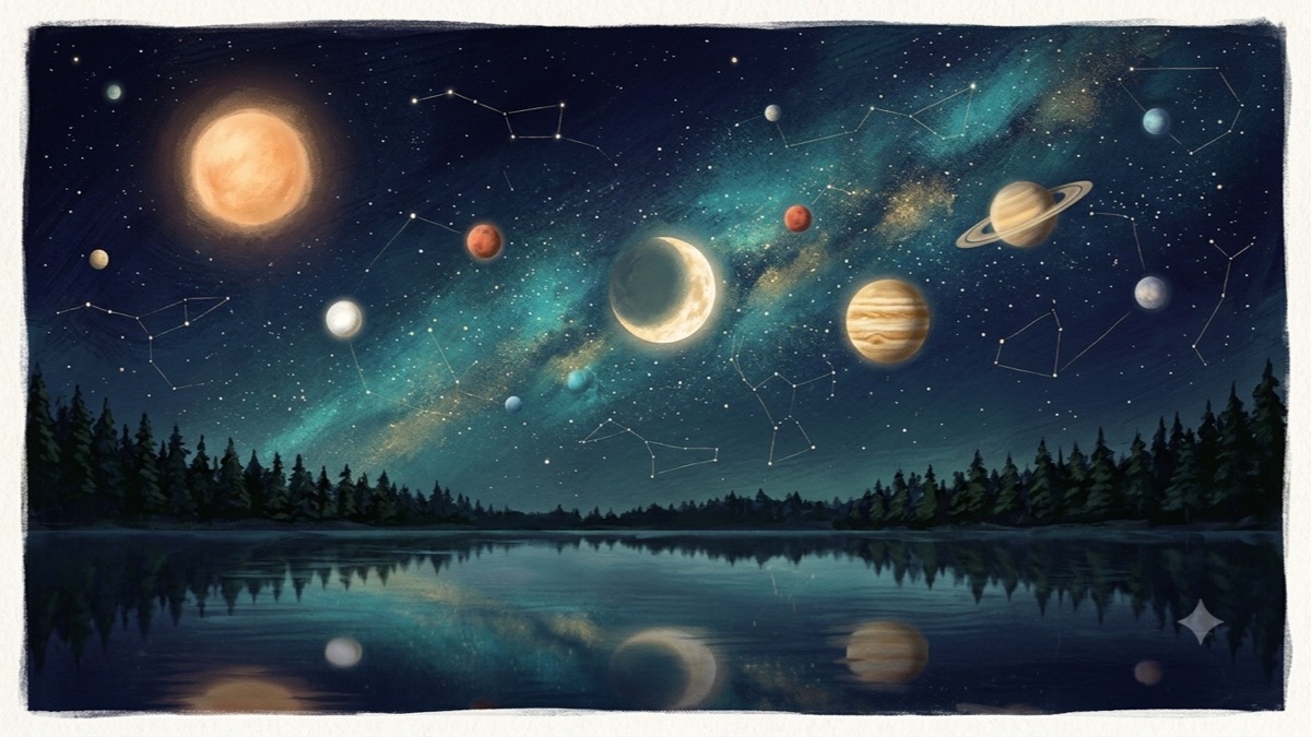 一整片夜空:太阳、月亮与行星高低错落地发光,淡淡的星座连线交织,倒映在平静的湖面上。