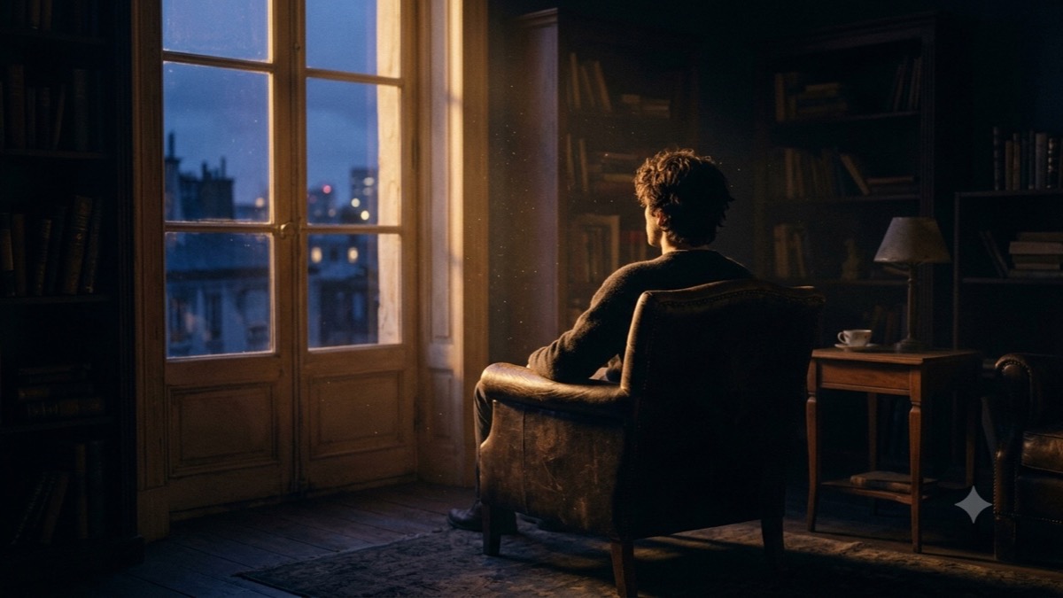 A person sitting quietly by a window at dusk, bathed in soft gold light against deep indigo shadow, evoking a rich inner life