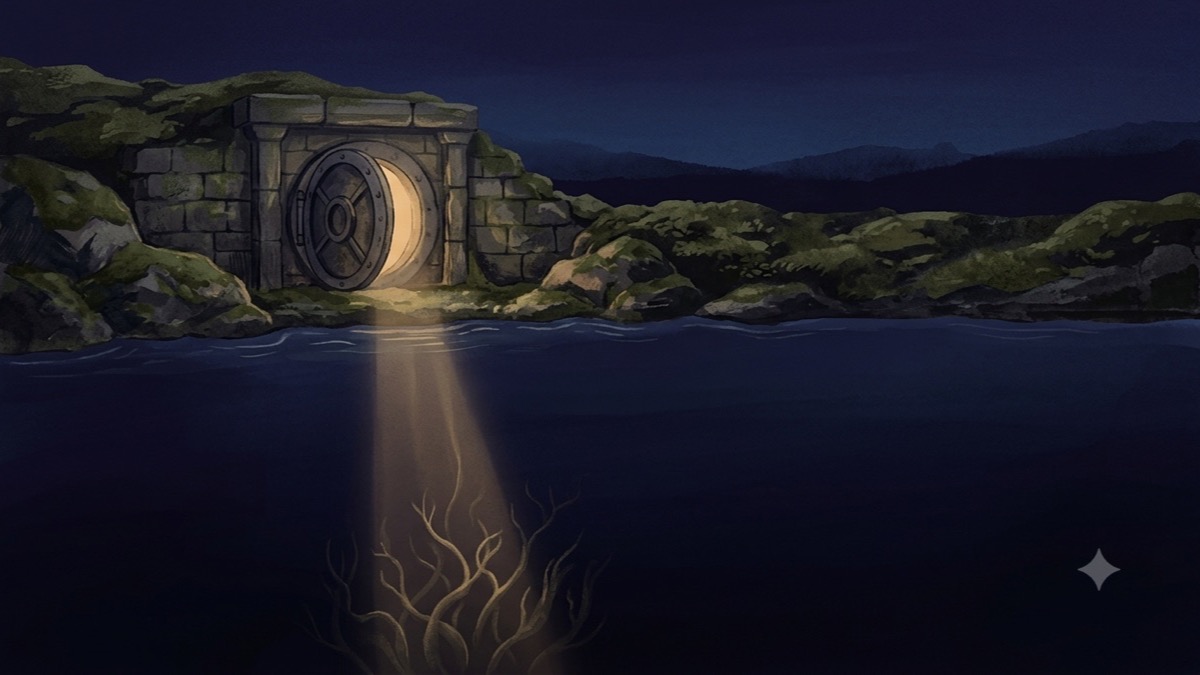 A stone vault door ajar beside deep still water, with a gold thread of light descending beneath the surface