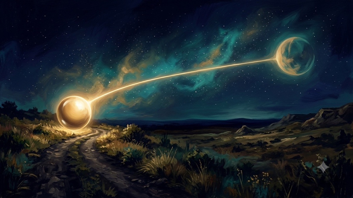 A polished sphere over a worn path and a half-formed sphere over open ground, joined by one axis of light across the sky.